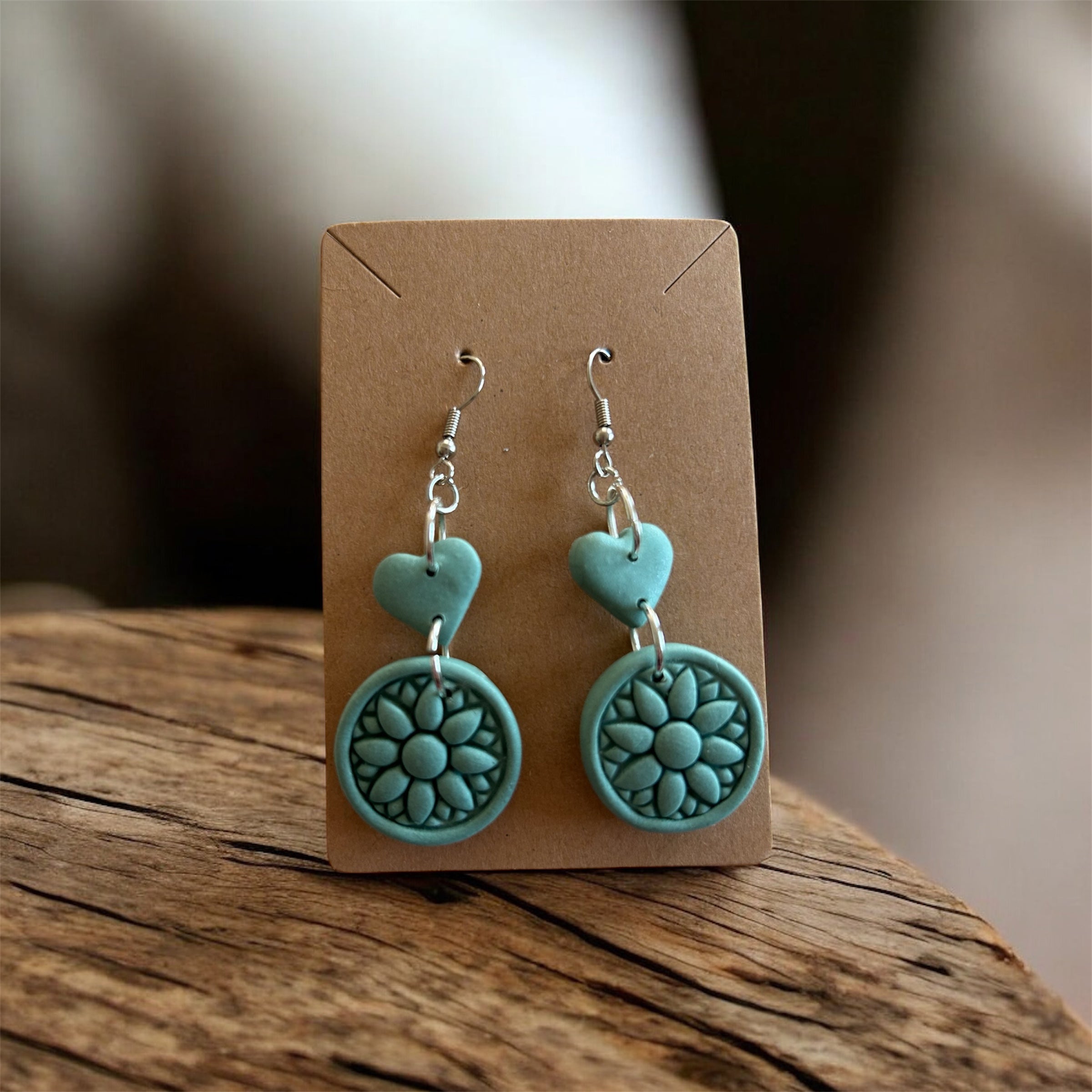 Boho Dangle Jade heart & Folwer Earrings